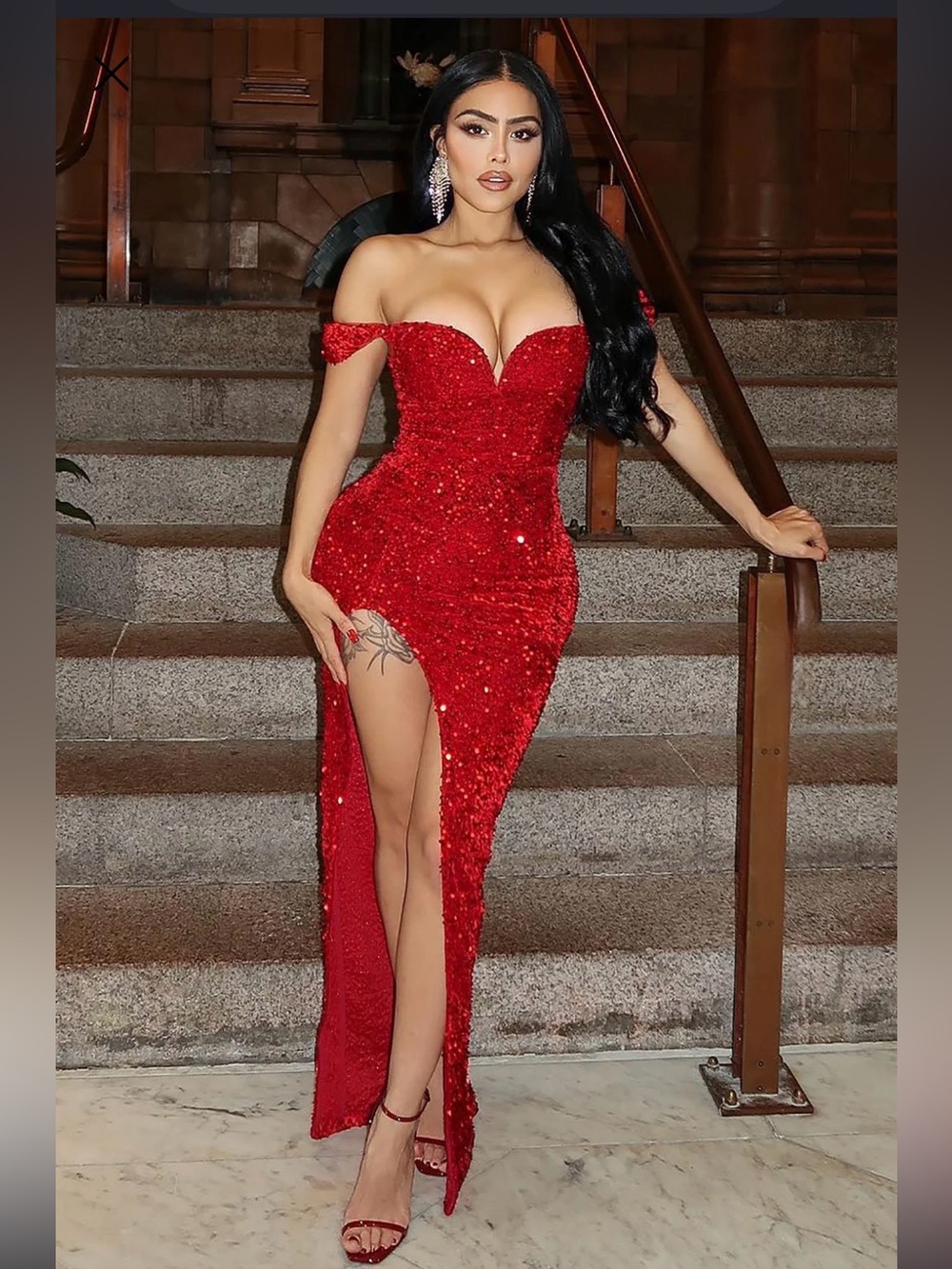 Fashion Nova Red Off-the-Shoulder Sequin Slit Gown
